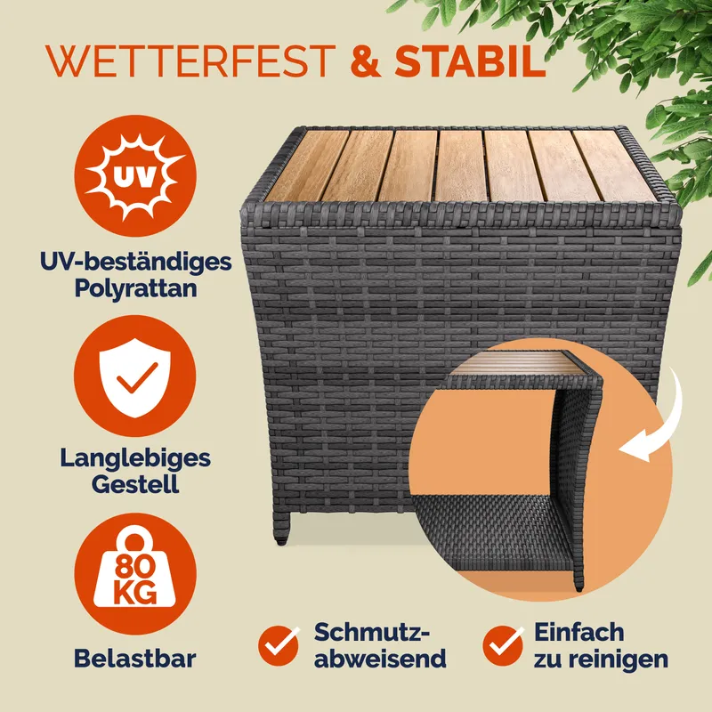 Casaria® Polyrattan Beistelltisch Grau 40x45x45cm Akazienholz – Produktbild 2 von 2