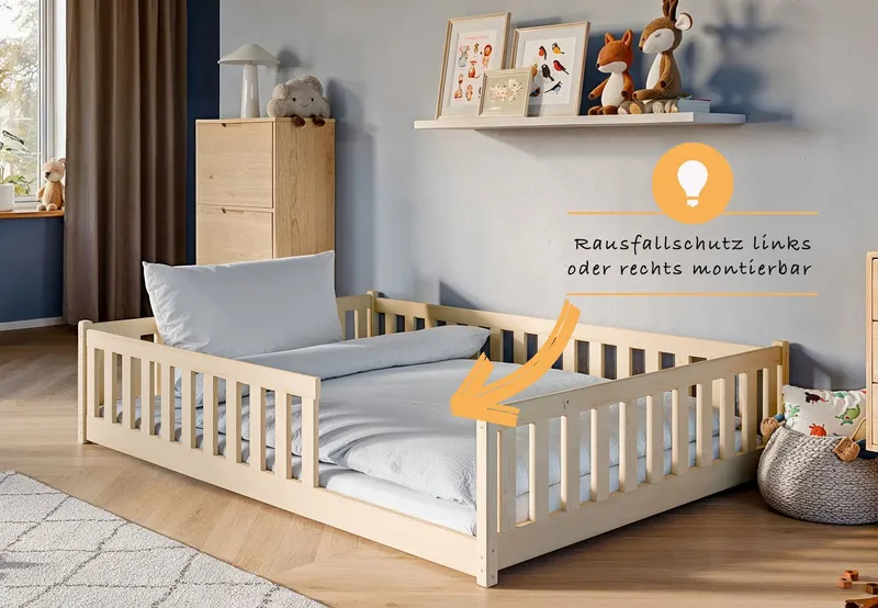 Kids Collective Kinderbett Bodenbett Bett mit Rausfallschutz & Lattenrost Montessori Bett Kinder (Jungen, Mädchen, Kinder, weitere Größen 80x160, 80x180, 90x190, 90x200, 120x200 cm), Jugendbett Gitterbett Einzelbett mit Matratze, Natur 140x200 cm, Beige, – Produktbild 4 von 5