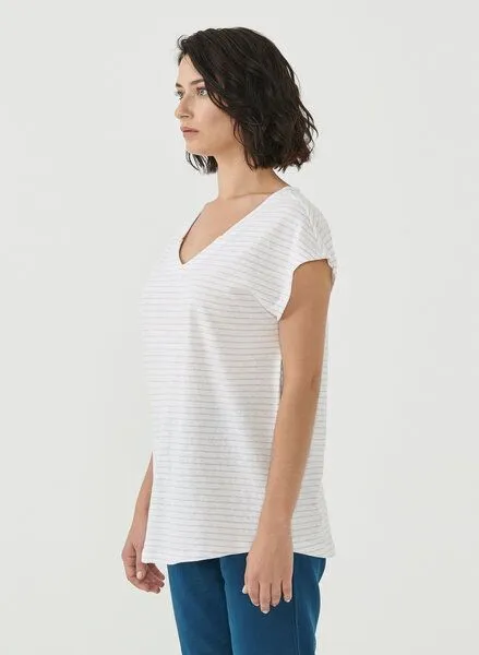 ORGANICATION ORGANICATION Gestreiftes T-Shirt aus Bio-Baumwolle und Leinen, Off white/lavender fog, – Produktbild 3 von 4