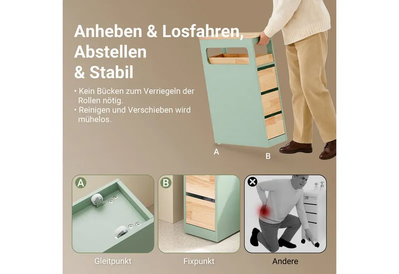 SoBuy Beistellwagen BZR54, Badezimmerschrank mit Rollen, Badschrank schmal, Kommode, Küchenwagen schmal Nischenwagen Badezimmerregal mit Rädern, ausziehbar, Grün, – Produktbild 4 von 5