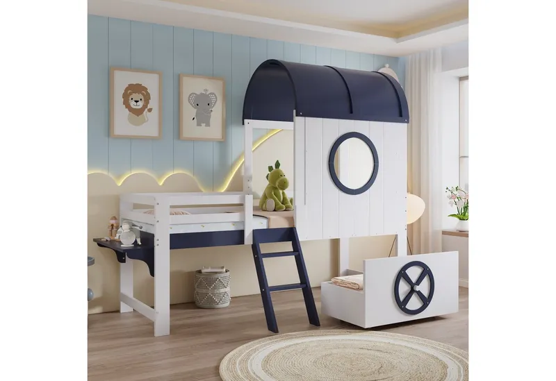 Merax Hochbett (Etagenbett Jugendbett Hausbett Einzelbett, 1-St., Kieferholz) Kinderbett 90x200cm mit Dach Fenster Schublade Schrägleiter Regal, Weiß, – Produktbild 1 von 5