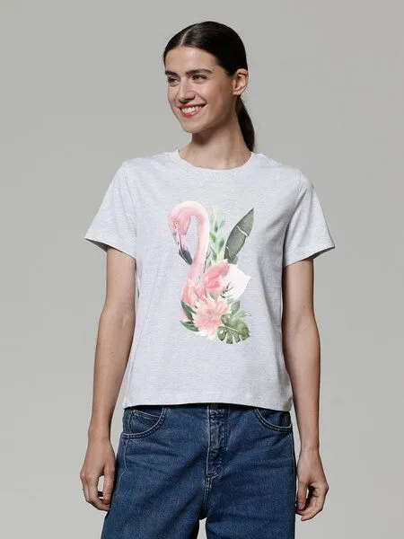 watapparel watapparel T-Shirt Frauen Flamingo mit Blumen, Cool heather grey, – Produktbild 2 von 4