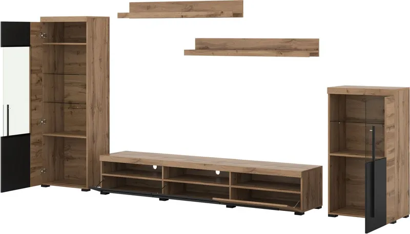 OTTO home Wohnwand Roger,Breite 270 cm moderne Mediawand ohne Beleuchtung, (Set, 5-St), Anbuwand (Set,5-St) viel Stauraum, Vitrinen mit Glastür, Beige|schwarz, – Produktbild 4 von 5