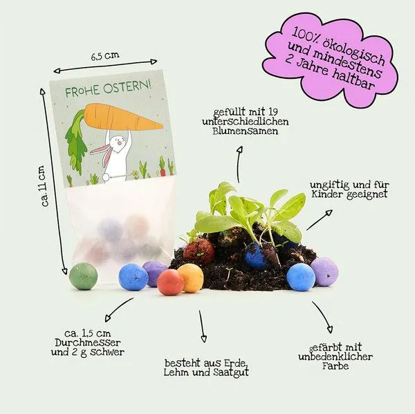 Die Stadtgärtner Die Stadtgärtner 10x5 Blumenmurmeln im Tütchen "Hase mit Möhren" I Ostergeschenk für Kinder I Kleinigkeit zu Ostern I Geschenk zu Ostern I Kleine Geschenk für Osternest oder Osterkörbchen – Produktbild 3 von 4