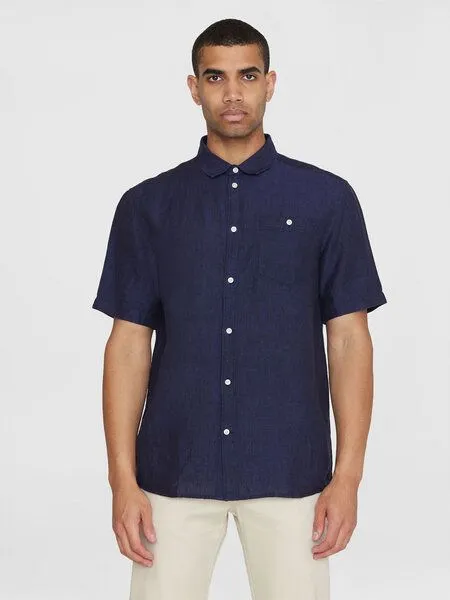 KnowledgeCotton Apparel KnowledgeCotton Apparel Hemd - Regular Linen Short Sleeve Shirt - aus 100% Leinen, Totale eclipse (blau), – Produktbild 1 von 4