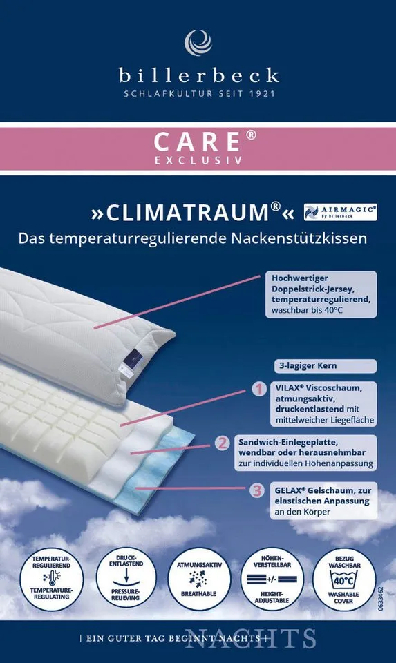 billerbeck Nackenstützkissen Climatraum, Kissen 40x80cm, Füllung: Viscoschaum, Bezug: 37% Baumwolle, 33% Polyester, 15% Lyocell TENCEL™, 15% Viskose, Seitenschläfer, Bauchschläfer, Rückenschläfer, Das temperaturregulierende Nackenstützkissen, Gelb, – Produktbild 5 von 5