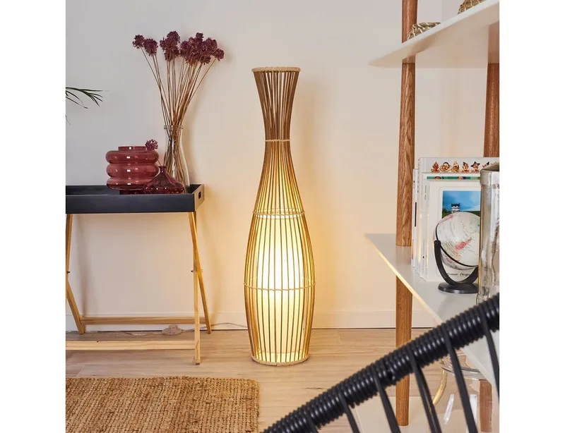 hofstein Stehlampe »Archi« Stehleuchte Vintage Bodenleuchte aus Bambus/Stoff, Natur/Weiß, ohne Leuchtmittel, Ø18cm, E27, im Boho-Style mit Fußschalter am Kabel, Beige|braun, – Produktbild 3 von 5