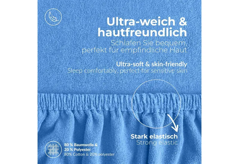 etérea Himmlische Qualität Spannbettlaken etérea Frottee Spannbettlaken 90x200 - 200x220 cm, Baumwolle, Gummizug: rundum, (1 Stück), Blau, – Produktbild 4 von 5