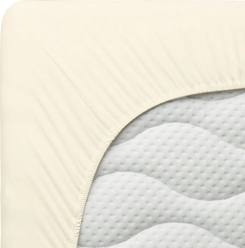 Schlafgut Schlafgut Spannbettlaken PREMIUM Mako-Zwirn-Jersey, 220 g/m², 95% Bio-Baumwolle, 5% Elasthan, Mako-Zwirn-Jersey, Gummizug: rundum, (1 Stück), Bettlaken bis 30 cm Höhe, PREMIUM-Qualität langlebig, perfekter Sitz, Gelb, – Produktbild 4 von 5