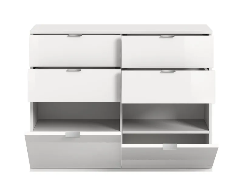 furnling Kommode Professor, 2 Klappen, 4 Schubladen, Hochglanz Front, Breite 110 cm, Weiß, – Produktbild 4 von 5