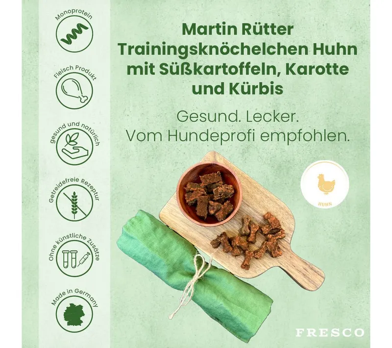 Fresco Dog Martin Rütter Trainingsknöchelchen 1kg, Hunde Leckerli Huhn mit Süßkartoffeln, Karotten & Kürbis, Snack für: Hunde, getreidefrei, zuckerfrei, hoher Fleischanteil – Produktbild 2 von 5