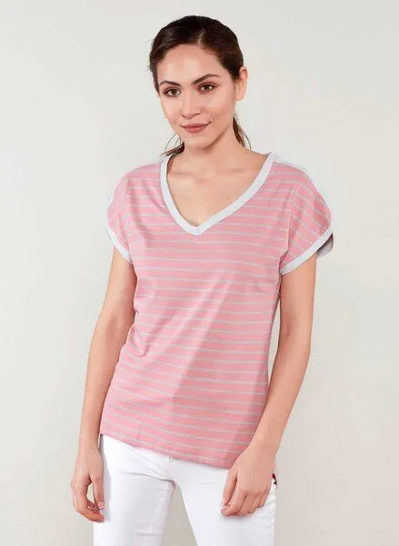 ORGANICATION ORGANICATION Gestreiftes T-Shirt mit V-Ausschnitt und längerem Rückenteil, Peachy & grey, – Produktbild 4 von 4