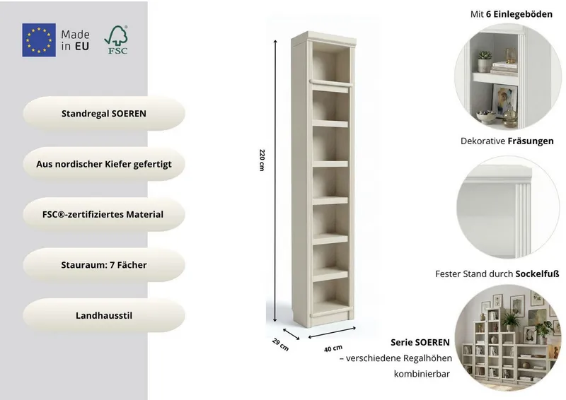 OTTO home Bücherregal Soeren Regal B/T/H: 40/29/220 cm, Kiefer FSC®-zertifiziert, 7 Fächer und 6 Einlegeböden, Weiß, – Produktbild 5 von 5