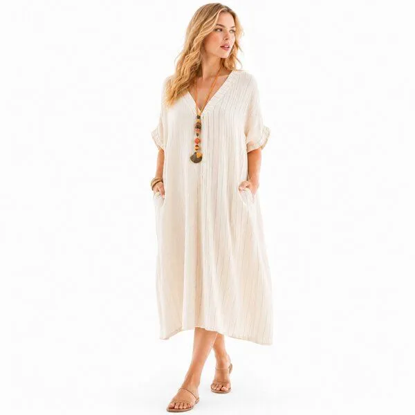 Bruno Barella Bruno Barella Damen Musselin Kleid aus Bio Baumwolle – Oversize Boho Maxi Kleid, Off-white (cremeweiß), – Produktbild 1 von 2