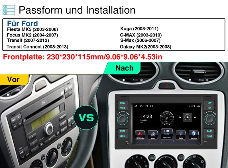 ESSGOO 7" Android 15 Für Ford Focus Transit MK7 C S-Max Fiesta Galaxy Kuga Autoradio (RDS, 2+64GB(optional), 4G, FM, DAB+ (optional), GPS Navi Carplay Android Auto Bluetooth EQ USB WIFI Touchscreen SWC), Schwarz, – Produktbild 1 von 6