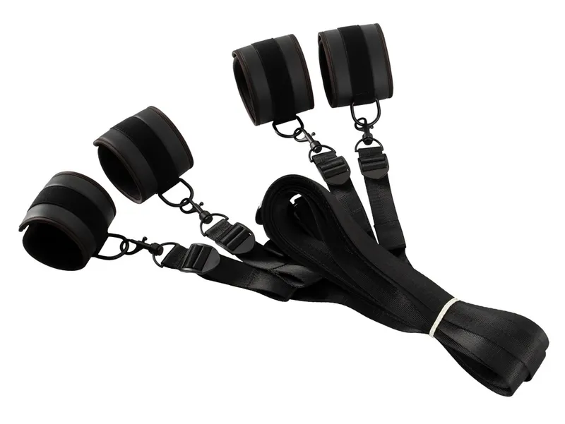 Vegan Fetish Bettfessel-Set mit Hand- und Fußfesseln in stilvoller Lederoptik, Schwarz, – Produktbild 2 von 5