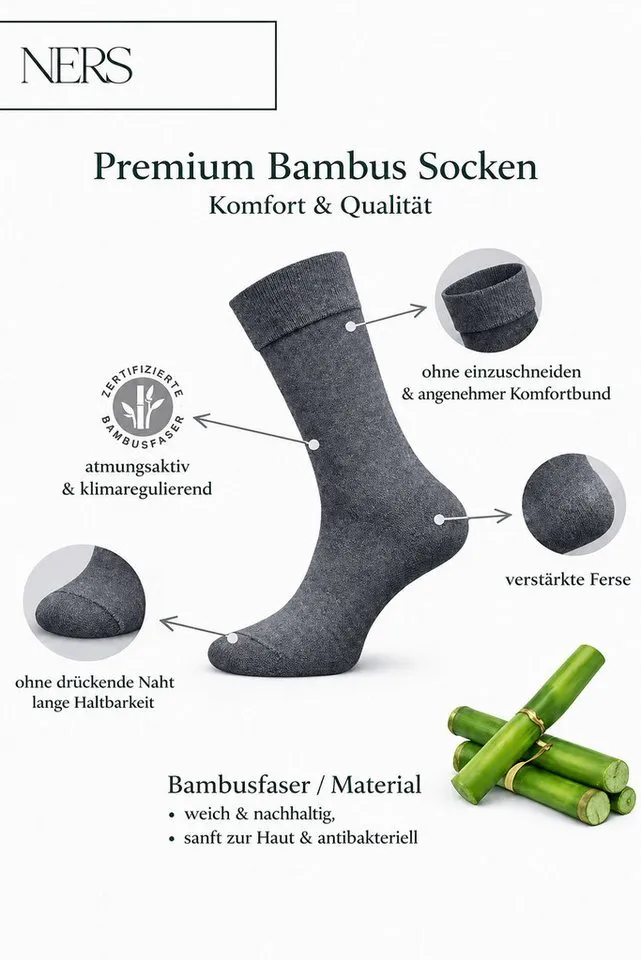 NERS Basicsocken aus Bambus Damen & Herren, ohne Naht im Zehenbereich, Komfortbund (Spar-Set, 6-Paar, verstärkte Verse) Premium Bambussocken Atmungsaktiv & Weich, mit Geschenkbox, Grau, – Produktbild 2 von 5