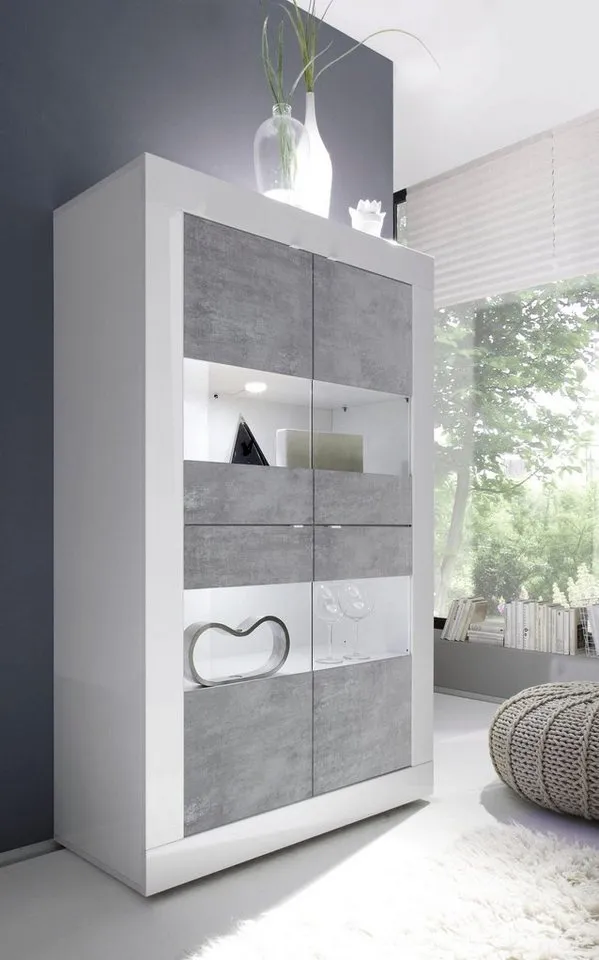 Home affaire Vitrine Basic Höhe 162 cm, Standvitrine mit 4 Türen - Metallgriffe, Stauraumvitrine in moderner Rahmenoptik, Hochschrank, Anrichte, Weiß, – Produktbild 2 von 8