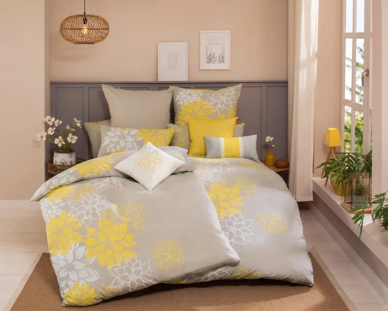 OTTO home Bettwäsche Susan in Gr. 135x200 oder 155x220 cm, Linon, 2 teilig, in verschiedenen Qualitäten, romantische Bettwäsche mit Blumen, Gelb|grau, – Produktbild 1 von 6
