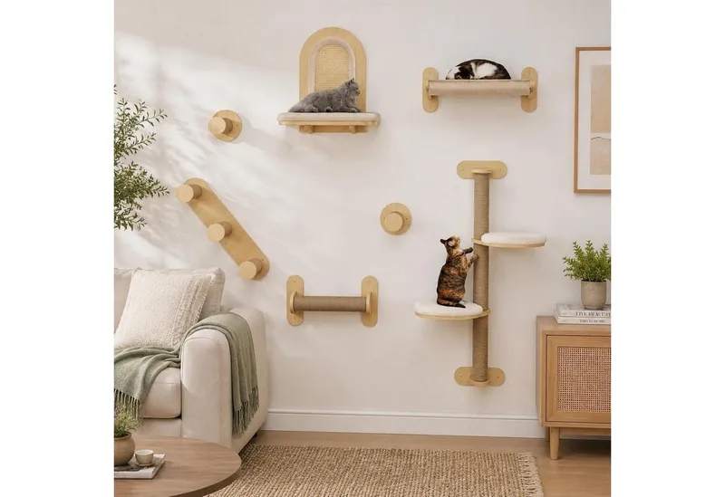 LuxusKollektion Katzen-Kletterwand Katzenregal 7-teilig Wandmontage, Braun, – Produktbild 1 von 5