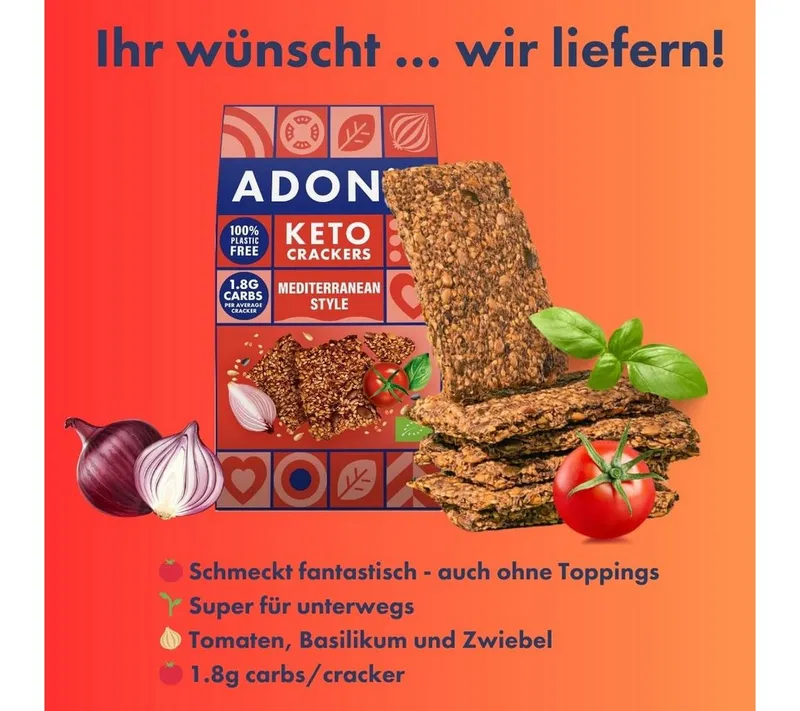 Adonis Keto Crackers (10 x 60 g Packung), Vegan & Keto-freundlich Kapseln, 100% natürlich, Glutenfrei, palmölfrei, laktosefrei, Gesunder Snack à – Produktbild 5 von 5