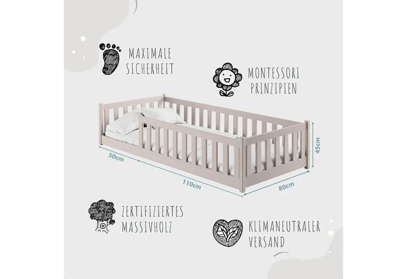 Kids Collective Kinderbett Bodenbett Bett mit Rausfallschutz & Lattenrost Montessori Bett Kinder (Jungen, Mädchen, Kinder, weitere Größen 80x180, 90x190, 90x200, 120x200, 140x200 cm), Jugendbett Gitterbett Einzelbett, Kaschmir Kiefer 80x160 cm, Grau, – Produktbild 3 von 5