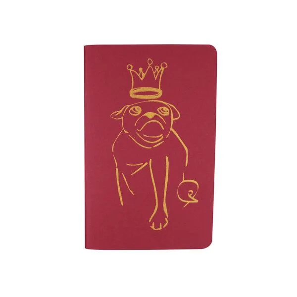 HANDGEDRUCKT HANDGEDRUCKT "Mops" Notizhefte ca. DIN A6, Rot /druckfarbe gold, – Produktbild 1 von 3