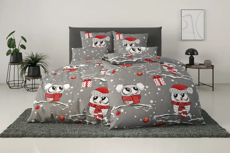 OTTO home Bettwäsche Janina Weihnachtsbettwäsche ab Gr. 135x200, Linon, 2 teilig, 100% Baumwolle, mehrere Winterdesigns für Weihnachten: Eule, Teddy, Grau, – Produktbild 4 von 7