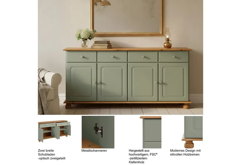OTTO home Sideboard Mette Kommode mit 4 Türen & 2 Schubladen, die optisch geteilt sind, aus massiver Kiefer, dekorative Fräsung, 2 verstellbare Einlegeböden, Weiß, – Produktbild 3 von 5