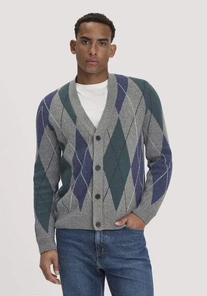 hessnatur hessnatur Argyle Strick Cardigan Regular aus Schurwolle und Bio-Baumwolle, Grau, – Produktbild 1 von 4