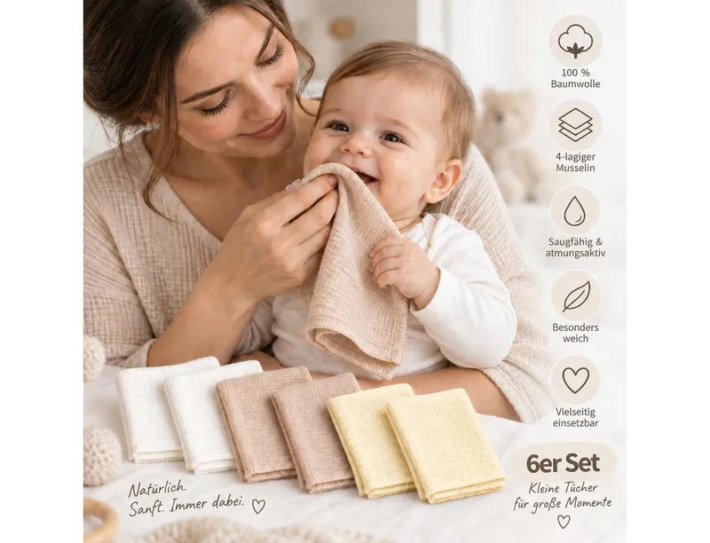 bistyle bistyle Spucktuch Musselin Mulltuch für Babys 20x20cm, (Set, 6-tlg., 6er-Pack), waschbare Musselin-Spucktücher saugstark, 4-lagig, 100% Bio-Baumwolle, Beige, – Produktbild 4 von 5