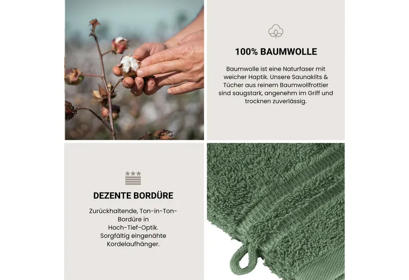 Schiesser Schiesser Waschhandschuh Milano Waschhandschuh-Set aus weicher Baumwolle in Frottier-Qualität, (5-St), mit Webbordüre, Grün, – Produktbild 4 von 6