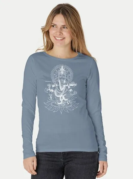 Peaces.bio - handbedruckte Biomode Peaces.bio - handbedruckte Biomode Bio-Damen-Langarmshirt Ganesha, Blaugrau, – Produktbild 1 von 2