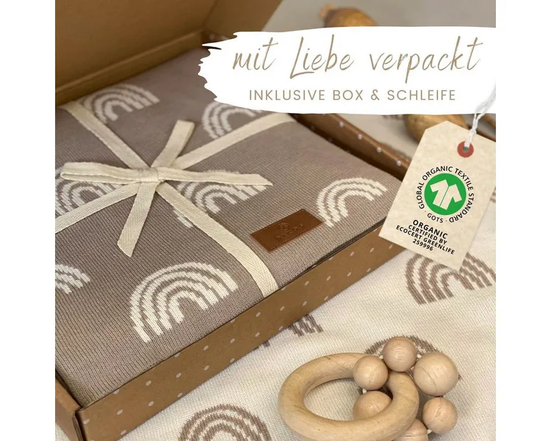 Babydecke DIKOS® aus Bio-Baumwolle - Regenbögen - Baby Decke für Neugeborene, DIKOS, Geschenk zur Geburt - Strickdecke PREMIUM Qualität - atmungsaktiv, Beige, – Produktbild 2 von 5