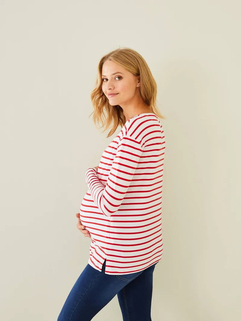 Vertbaudet Umstandsshirt mit verdeckten Stillöffnungen, Weiß/rot gestreift, – Produktbild 3 von 4