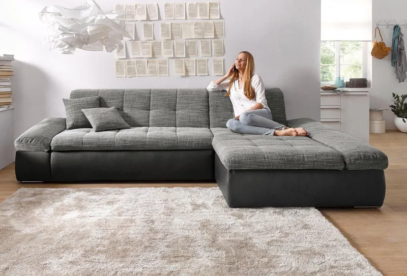 DOMO collection Ecksofa MORIC 300x172 cm, XXL-Sofa mit viel Platz, L-Form, auch in Cord, wahlweise mit Bettfunktion und Armteilverstellung. Schwarz-weiß-grau, Grau|schwarz, – Produktbild 7 von 8