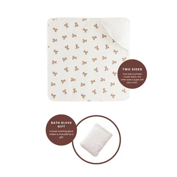 Bebekevi Bebekevi Baby Kapuzenbadetuch 75 × 75 cm aus Musselin & Frottee | Weiche Musselin-Innenseite | inkl. Waschhandschuh | Gemustert, Naturweiß teddybär, – Produktbild 2 von 3