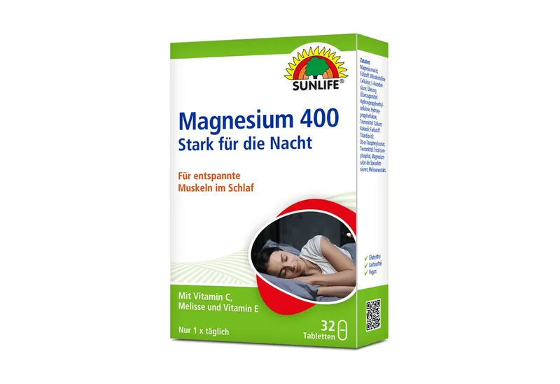 SUNLIFE SUNLIFE® Magnesium 400 Nacht Tabletten 32Stk Muskelkrampf Nervensystem 1 x täglich abends eine Tablette mit ausreichend Flüssigkeit schlucken – Produktbild 1 von 4