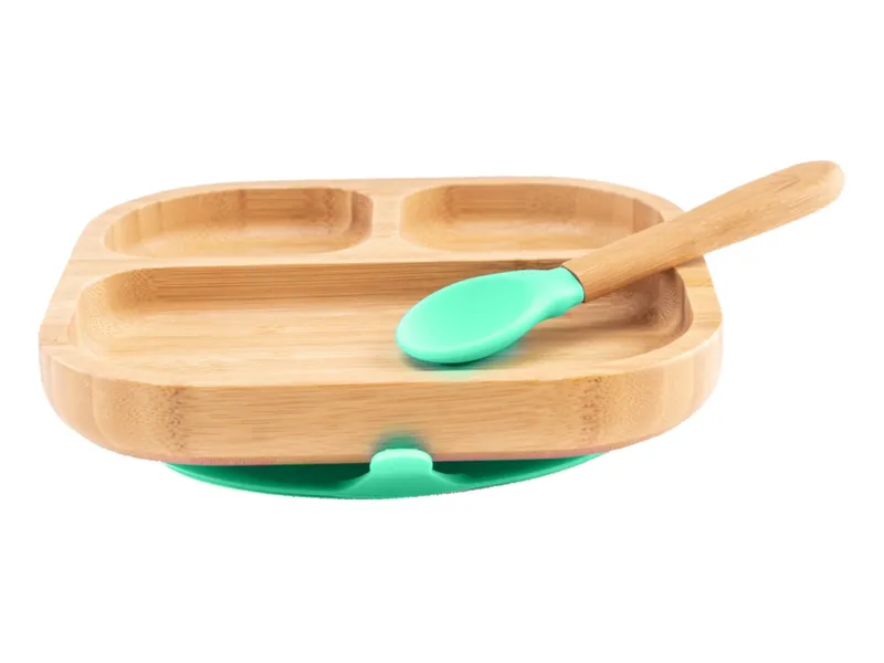 Bambuskind Bambuskind Kindergeschirr Teller mit Löffel und Saugnapf, aus Bambus Durchmesser 16 cm, 1,5 cm tief, Natur, grün, – Produktbild 2 von 2