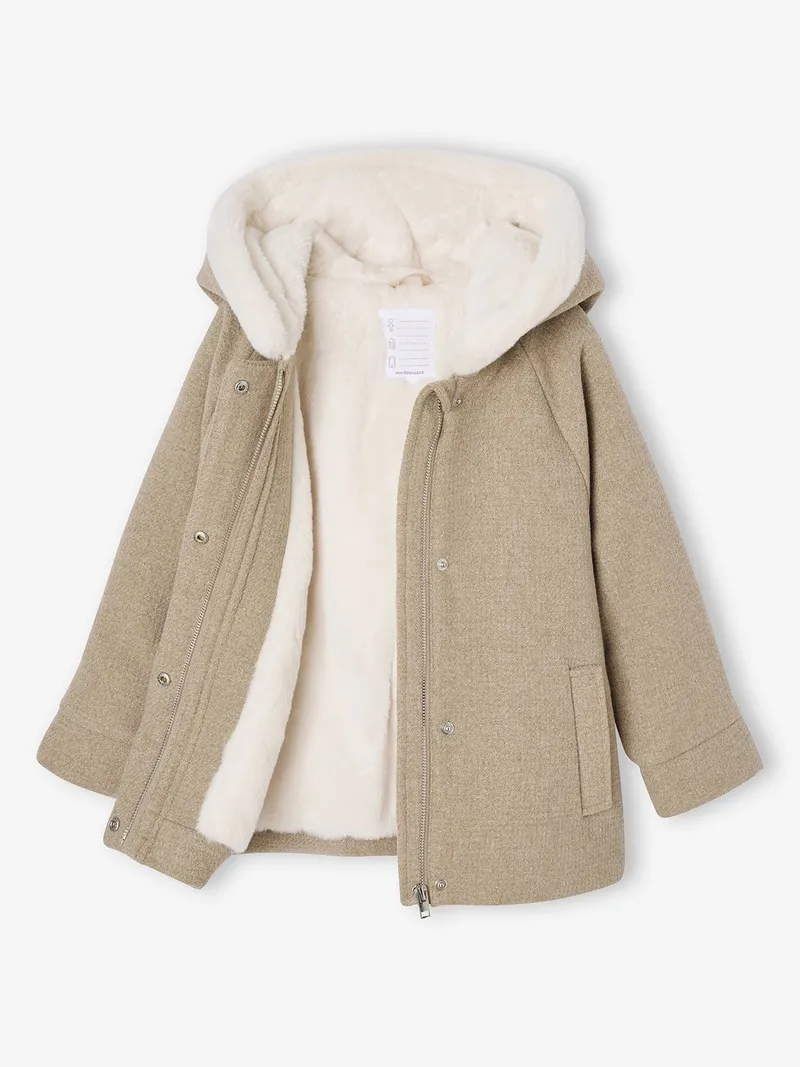 Vertbaudet Mädchen Wintermantel mit Kapuze und Schleife, Beige meliert, – Produktbild 2 von 4