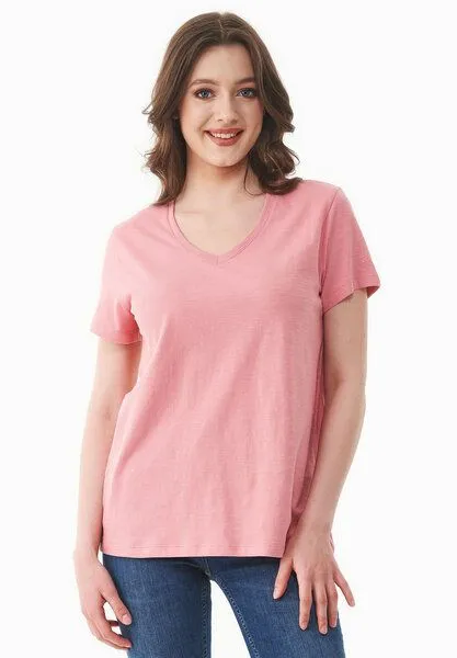 ORGANICATION ORGANICATION Damen Basic T-Shirt aus Bio-Baumwolle mit V-Ausschnitt, Flamingo pink, – Produktbild 1 von 4