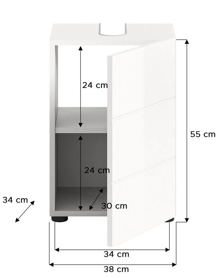 xonox.home Waschbeckenunterschrank Weiß Hochglanz Siphonausschnitt Melamin Modern 38x56x34 cm, Weiß, – Produktbild 4 von 5