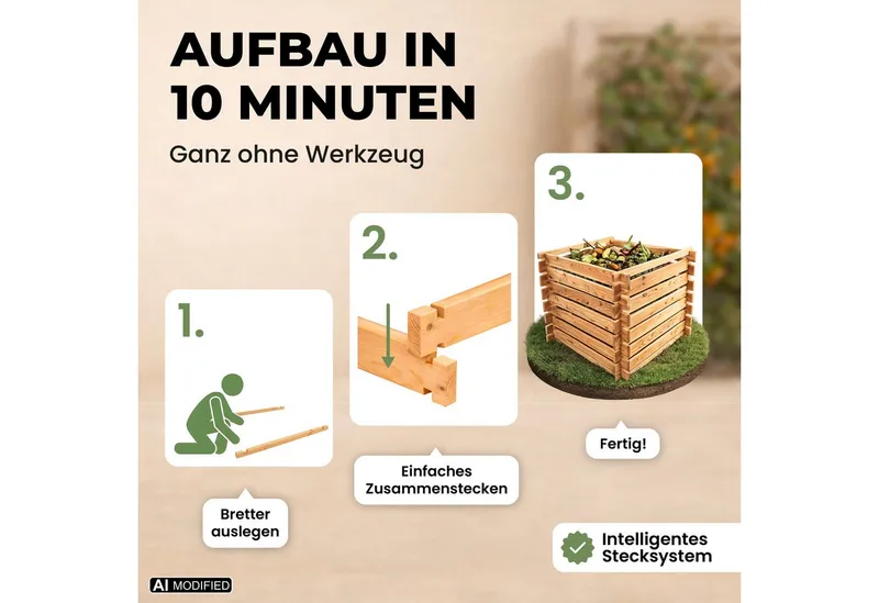 Lemodo Lemodo Komposter aus Lärchenholz für Garten 100x100 cm Stecksystem langlebig, BxTxH: 100x100x73 cm, Einfache Montage, Hohe Qualität aus Lächernholz, Beige, – Produktbild 4 von 6