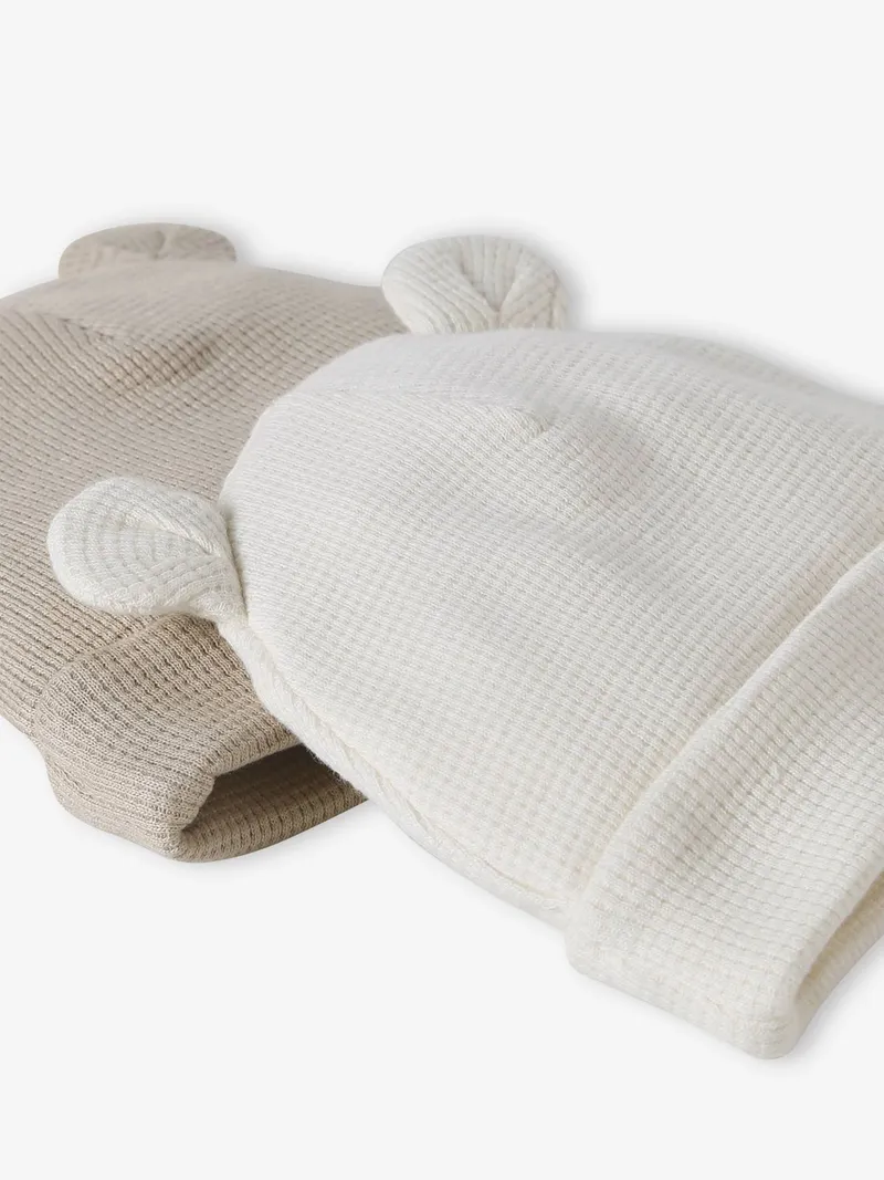 Vertbaudet 2er-Pack Baby Mützen mit Bärenohren, Wollweiß, – Produktbild 2 von 2