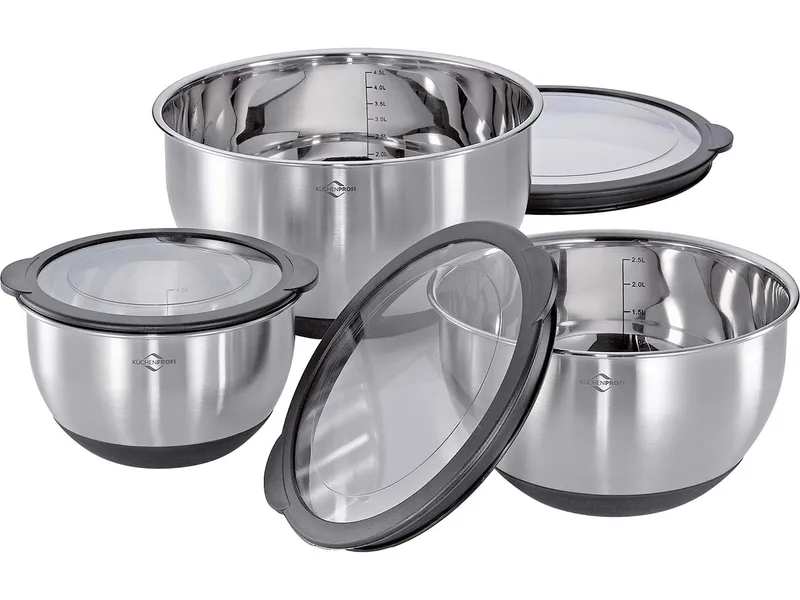 Schüssel-Set "Deluxe" aus Edelstahl mit Deckel, 3er-Set, rutschfest – Produktbild 1 von 1