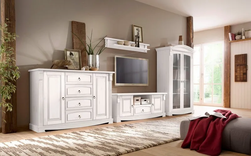 OTTO home Lowboard Anna, TV-Bank, TV-Schrank, im Landhaustil (Gesamtmaße (B/T/H): ca. 140/44/50 cm), TV-Board, Breite 140 cm, 2 Türen, 1 Schublade, Massivholz, FSC®, Weiß, – Produktbild 5 von 5