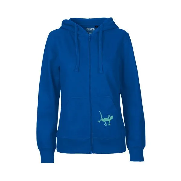 HANDGEDRUCKT HANDGEDRUCKT "Geckos" Frauen Zip-HOODY aus reiner Biobaumwolle (kbA), Royalblue, – Produktbild 2 von 4