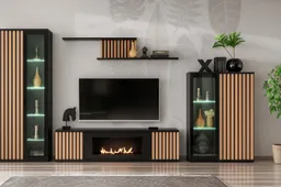 Furn.Design Wohnwand Morgan, (in schwarz matt mit Eiche Lamellen, 4-St., integrierter Kamin), Push-to-Open Funktion, inkl. Beleuchtung – Produktbild 1 von 1