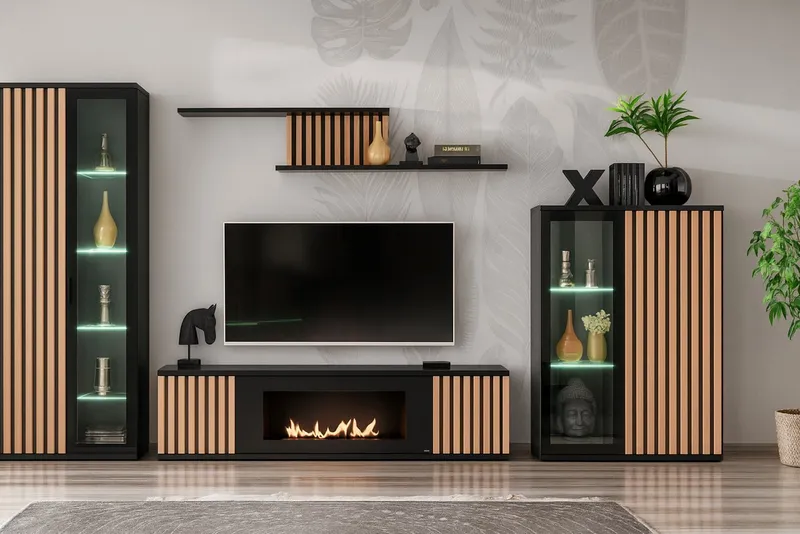 Furn.Design Wohnwand Morgan, (in schwarz matt mit Eiche Lamellen, 4-St., integrierter Kamin), Push-to-Open Funktion, inkl. Beleuchtung, Schwarz, – Produktbild 1 von 5