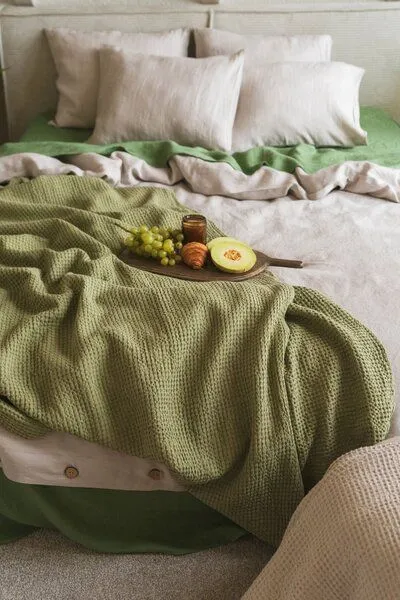 AmourLinen AmourLinen Waffeldecke aus Leinen, Moss grün, – Produktbild 3 von 4